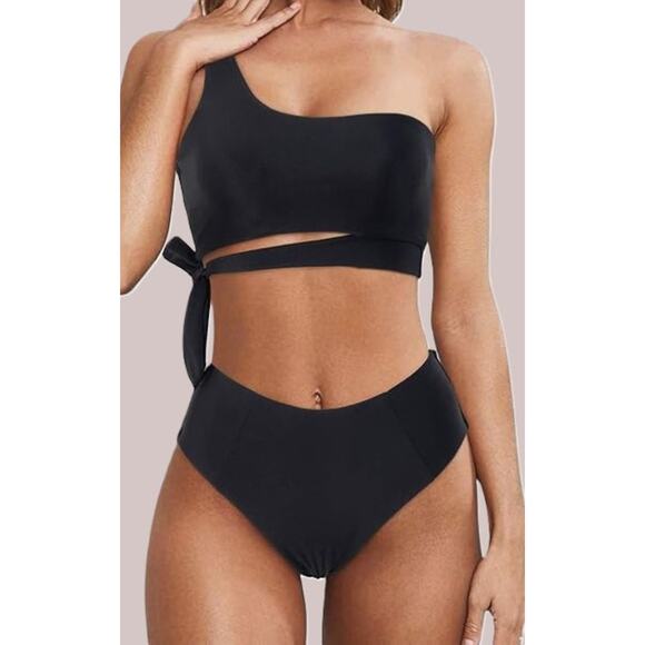NWT MOOSLOVER Black 1 Shoulder High Waisted 2 Piece Bikini Tie High Cut *Medium - Picture 1 of 10